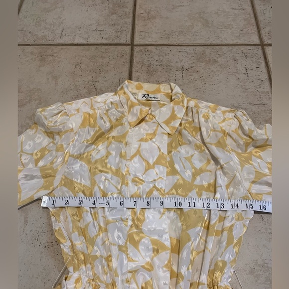 VINTAGE 80s Rouie Golden Floral Jacquard Midi Dress Tie Neck Puff Sleeve Size 4 - Picture 5 of 7